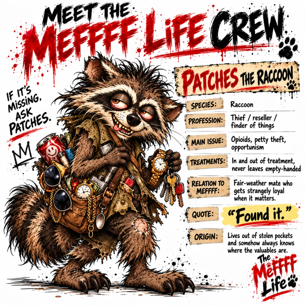 Meet Patches the Raccoon crew card